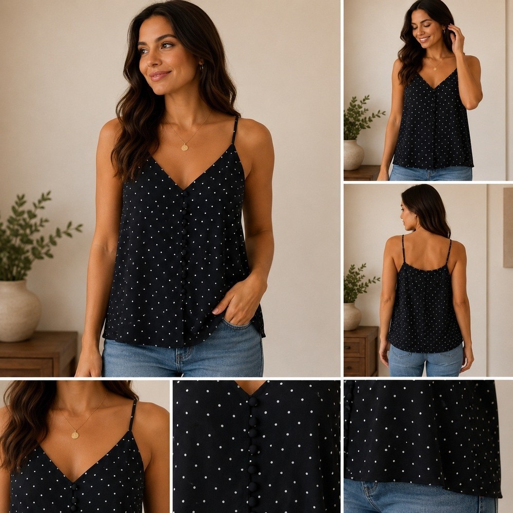 Timing Black Polka Dot Button Front Camisole V-Neck Spaghetti Strap Top NWT